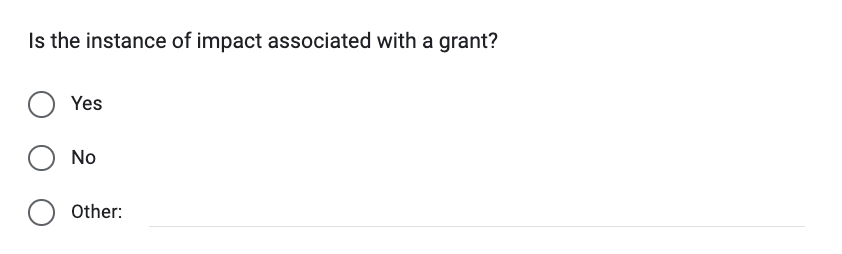 Custom field on impact entry form for a news organization that includes an “other” option.